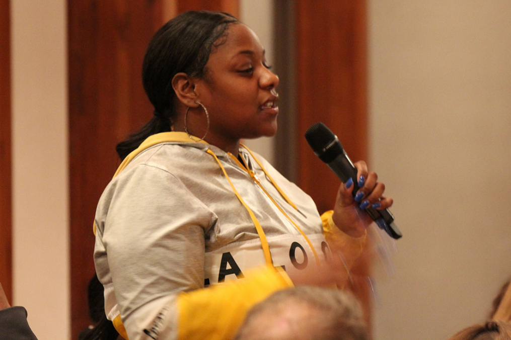 A student asks a question during the post-production Q &amp; A session.