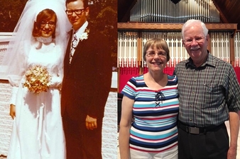 Mary Beth (Oaks) Mankin ’68 and Bill Mankin pose outside Norton Chapel on their wedding day in 1972 and inside the chapel while celebrating their 46th anniversary.